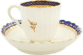 RARE SCOTTISH MOTIF ENGLISH CAUGHLEY COFFEE CUP AND SAUCER, C.1770